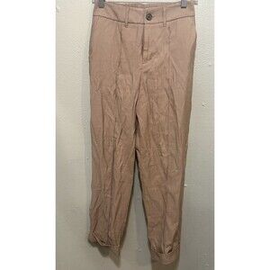 A New Day Tan Brown Cropped Pants Trousers Size 2 Elastic Waist Cuffed Hem‎